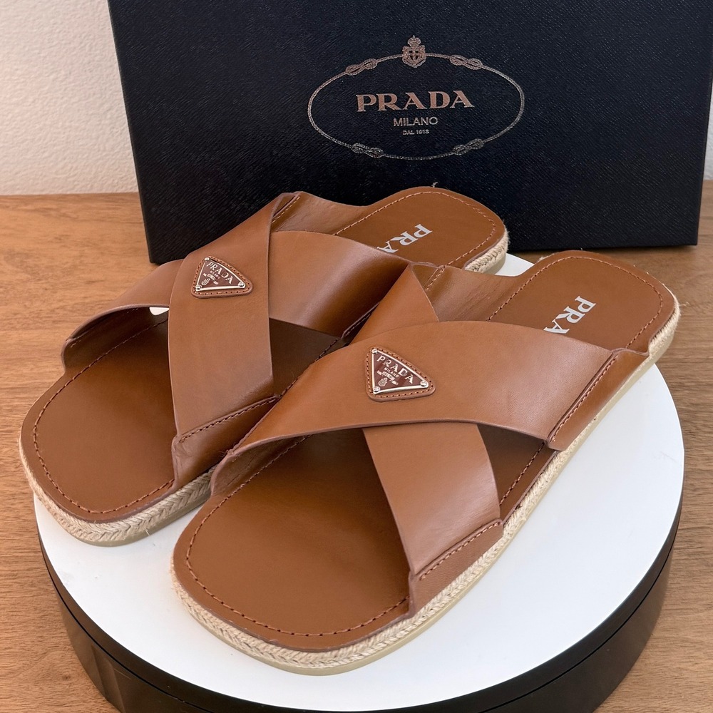Prada Mens Cuoio Brown Leather Espadrille Cross Strap Slides 2X3141 Size US 10